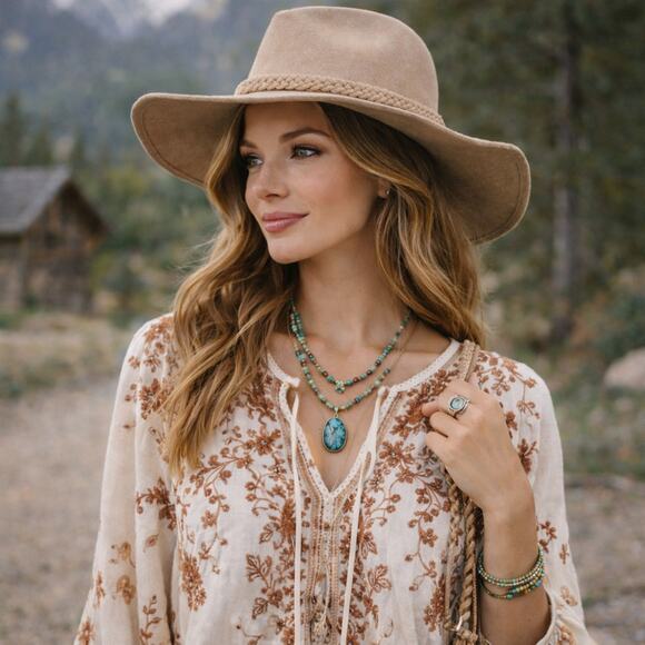 ASN Accessories - ASN Harper Boho Western Braided Floppy Tan Felt Hat Festival Hippie Boater